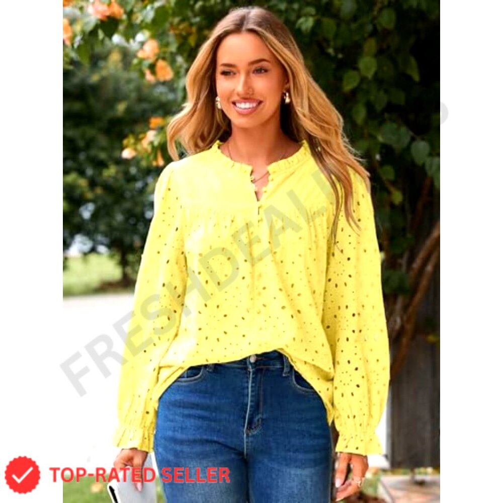 Eyelet Embroidered Puff Sleeve Blouse Boho Chic Lace Button Down Shirt - Picture 2 of 7